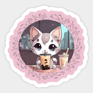 Cute grey and white cartoon cat drinking Boba Sticker